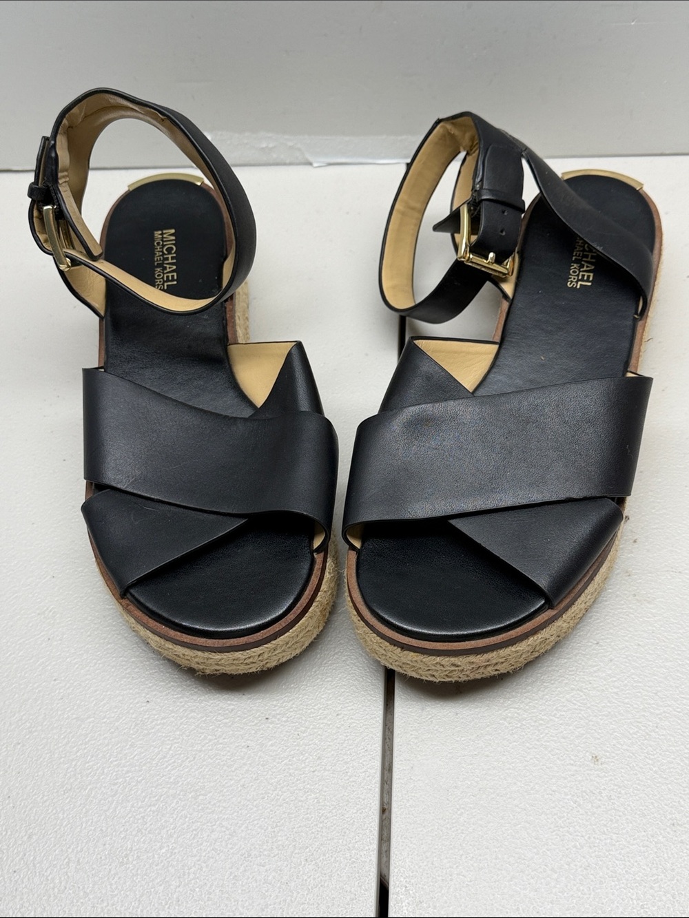 MICHAEL Michael Kors Black Leather Espadrille-Style Platform Sandals